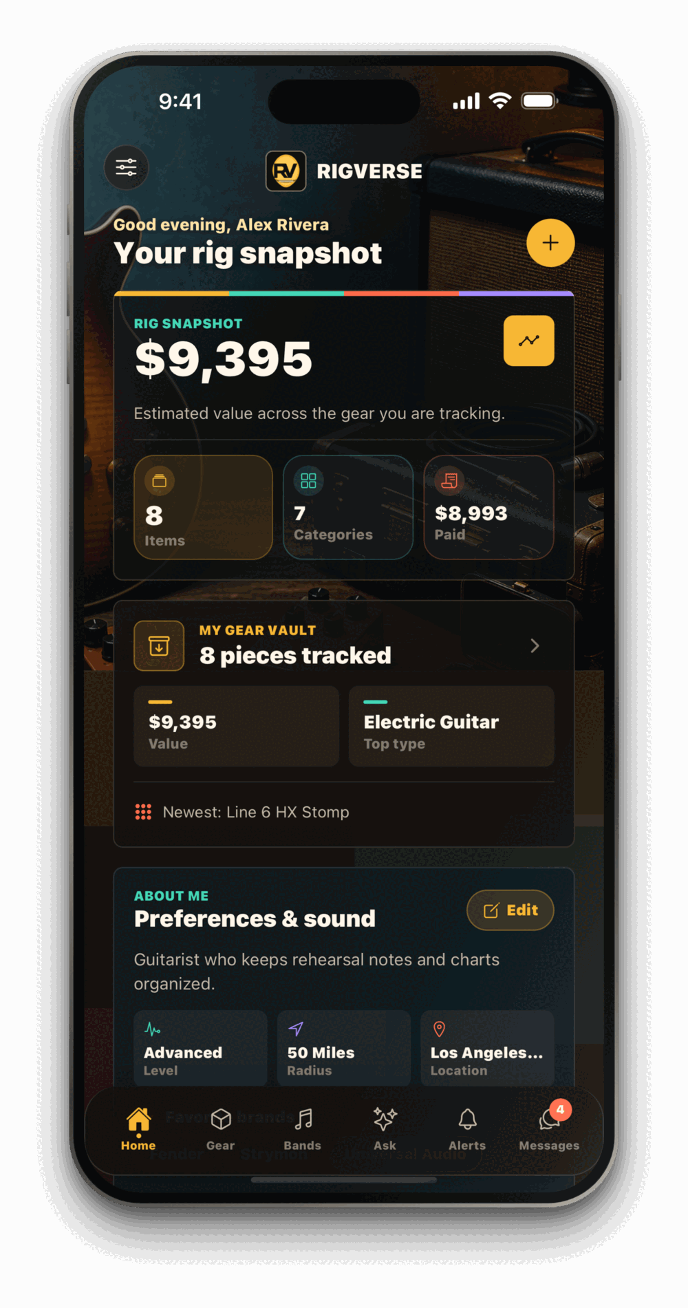 RigVerse running on iPhone, showing a rig snapshot worth $9,395 across 8 tracked items.